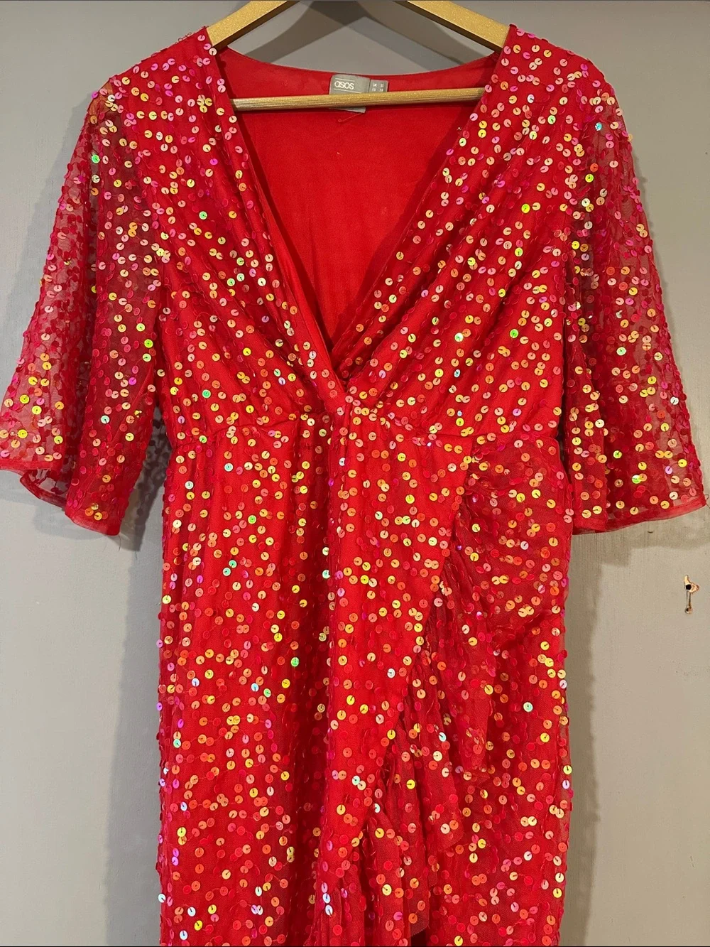 ASOS Red Sequin Midi Dress Size 6 Holiday Party Cocktail Wrap Style - Picture 3 of 10